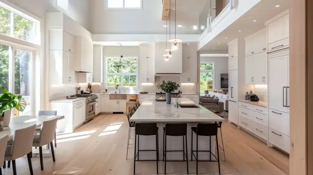Kitchen Remodeler in Glendale CA 1 Showing modern open concept kitchen ideas that showcases sleek shaker cabinets, bathed in natural light, highlighting the clean lines and minimalist aesthetic of contemporary living spaces.